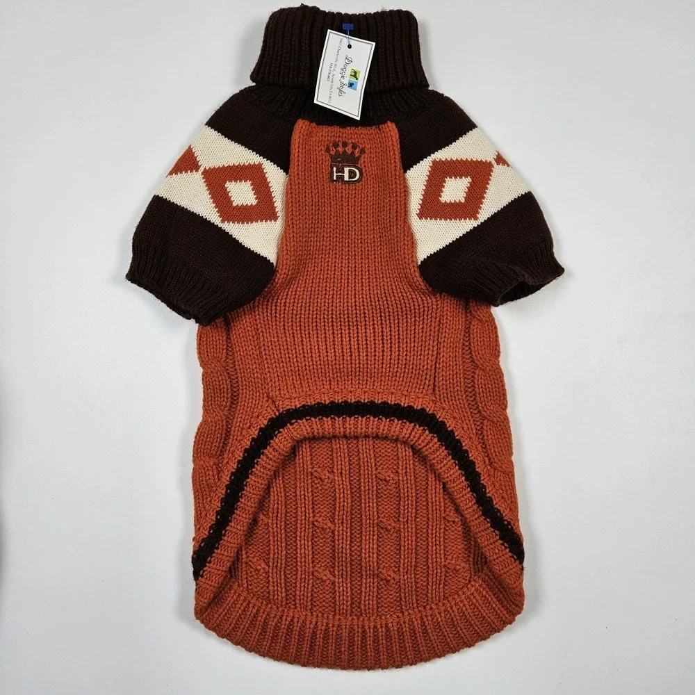 HIP DOGGIE Doggie Styles Ski Lodge Dog Cable Knit Sweater XL‎ Orange Brown NEW